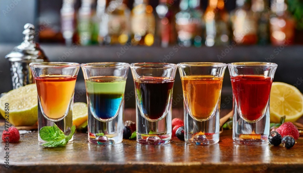 Set of colorful different bitters and liqueurs in shot glasses on bar counter. - obrazy, fototapety, plakaty 