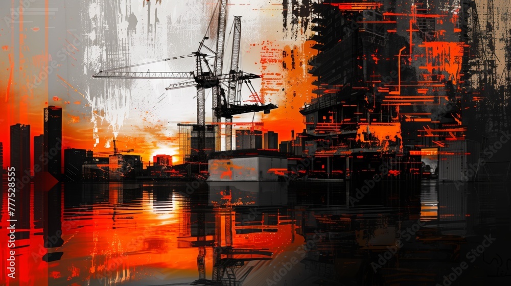 Abstract cityscape with construction cranes and sunset reflection in water.