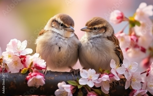 Pair of sparrows on flowering branch