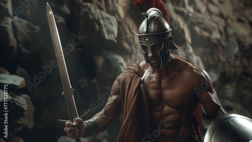 Spartan warrior brandishes his sword and shield, ready for battle