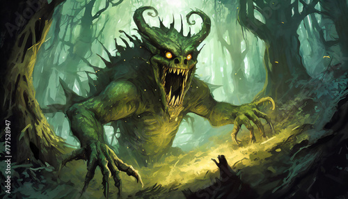 Fearsome mystical monster lurking in shadows of dark forest. Scary creature.