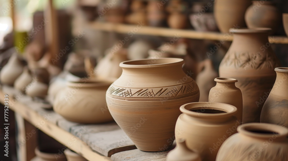 Handmade Pottery on Display in Artisanal Workshop. Artisan Craftsmanship