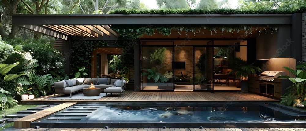 Luxury 3D teak deck with BBQ grill and pergola in garden. Concept ...