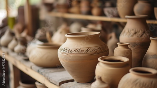 Handmade Pottery on Display in Artisanal Workshop. Artisan Craftsmanship photo