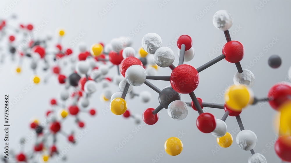 Close-up view of a colorful molecular structure model with a blurred background