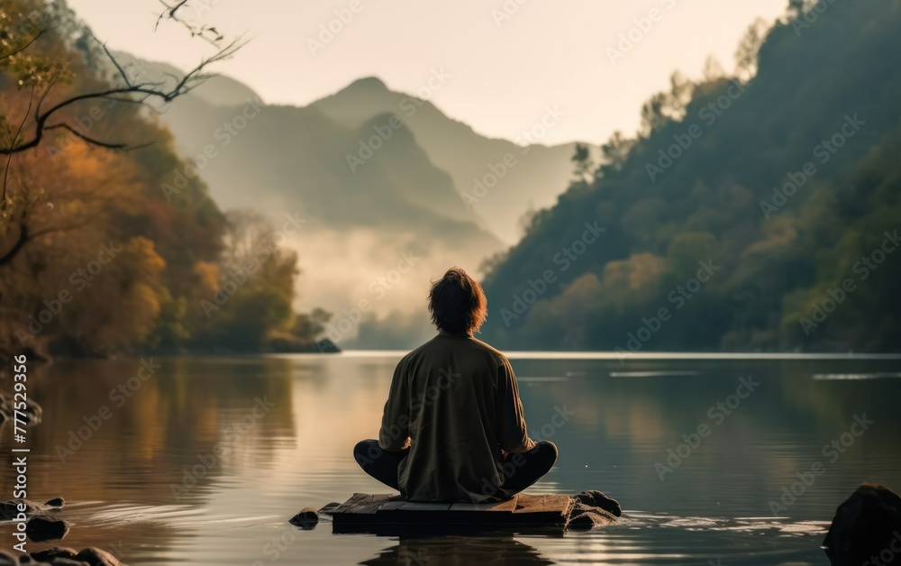 Man meditating by serene lake at sunrise