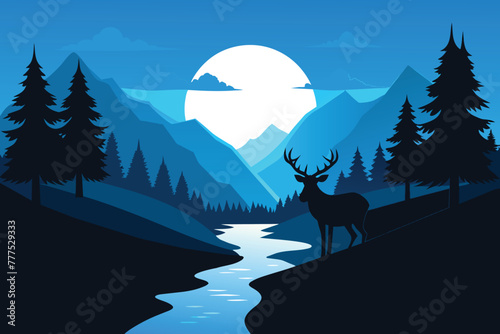 River among pine mountains at blue sunset. Wild deer silhouette. Water reflection. Peaceful landscape vector illustration
