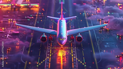 a vivid AI illustration of an airplane gracefully touching down on a bustling airport runway, emphasizing the precision of the landing through post-production enhancements attractive look © Noman