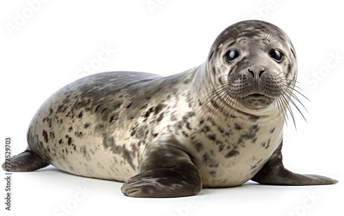 Spotted seal pup resting on white background