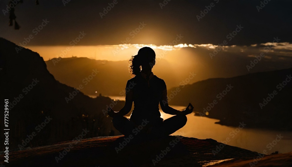 Silhouette of human sitting. Meditation in yoga. Psychology and relax