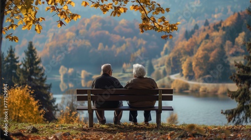 elderly couple with warm love Sit and admire the nature view. in the park Surrounded by nature in winter, reflecting the love of retirement for the elderly.