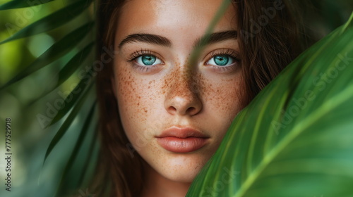 Portrait of a red-haired woman with freckles peeking through vibrant green leaves, blue eyes, connection with nature