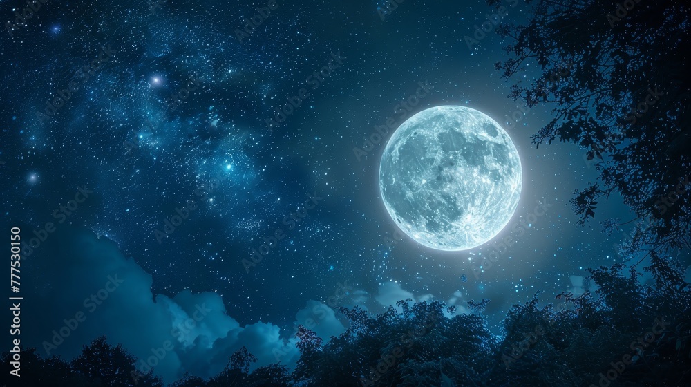 A large moon is shining brightly in the night sky, surrounded by a few stars. The scene is peaceful and serene, with the moon casting a soft glow on the trees and the sky
