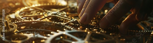  Close-up of hands placing metal gears into an intricate clockwork
