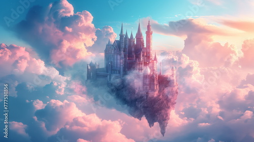 Fairytale Castle in the Clouds, Majestic Palace Floating Amongst Cotton Candy Skies