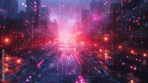 A city street with a bright pink glow. The street is lit up with neon lights and the sky is cloudy