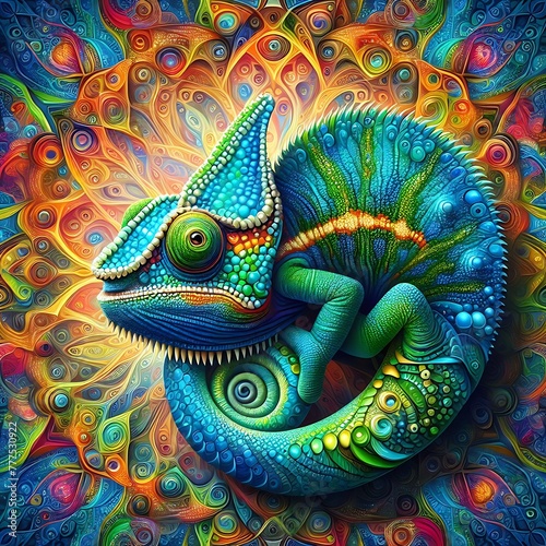 Colourful Chameleon Closeup Look , abstract background , Portrait , Horizontal ,high resolution, nature, ecology, 3d rendering © Zigma Arts