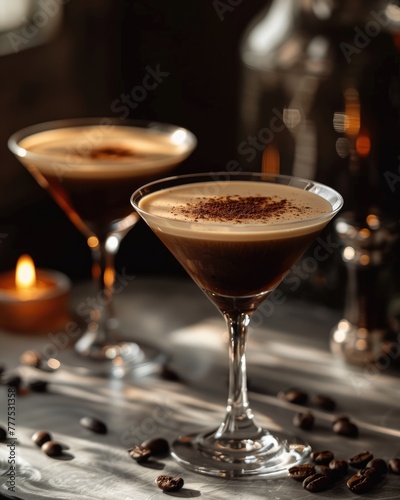 A breathtaking espresso martini takes center stage on a sophisticated gala tablescape, accompanied by ambient candlelight.
