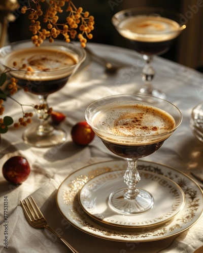 Capturing the essence of a refined gathering, this espresso martini, with its layers of coffee and cream, reflects the soft glow of a nearby candle.