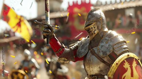 Victorious knight solemnly raises his sword. Medieval Tournament