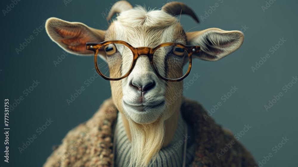 A goat wearing glasses and a sweater with brown hair, AI