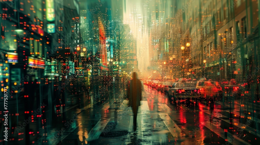 Fototapeta premium A man walks down a city street in the rain. The street is filled with cars and traffic lights. The man is carrying a briefcase and he is in a hurry. The scene is a reflection of the hustle