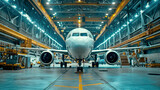 Frontal View of a Commercial Jet Airplane in Airport Hangar for Maintenance