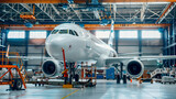 Airplane Undergoing Maintenance in Aviation Hangar with Technicians and Equipment