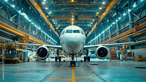 Frontal View of a Commercial Jet Airplane in Airport Hangar for Maintenance
