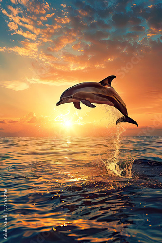 vertical image of Graceful Dolphin Jumping from Glowing Ocean at Sunset with Cloudy Sky © Renata Hamuda