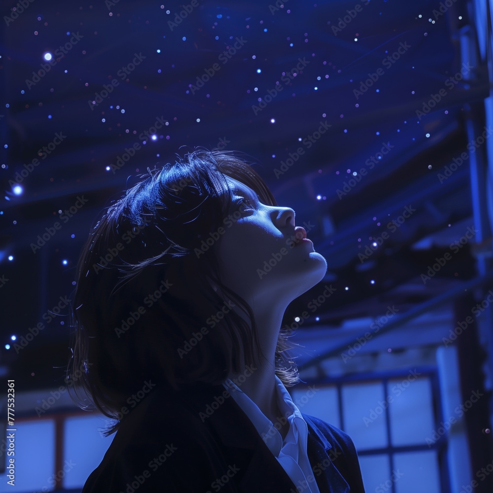 Asian young woman contemplative expression looking up starry night sky