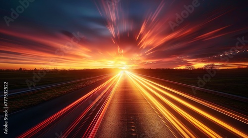 A long road with a bright orange sun in the sky. The sun is setting and the sky is filled with clouds