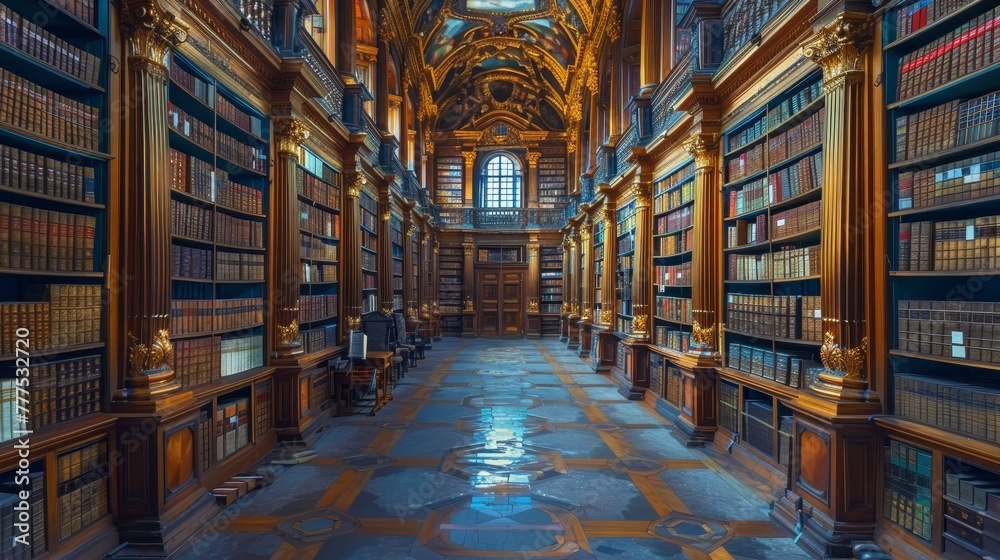 A long, narrow room filled with bookshelves and a large number of books. The books are arranged in rows