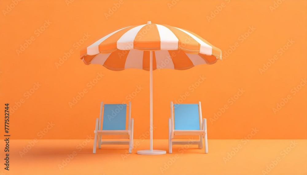 Beach umbrella with chair on orange background. clean and unique 3d concept. minimal style. 