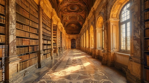 A long hallway with a lot of bookshelves photo