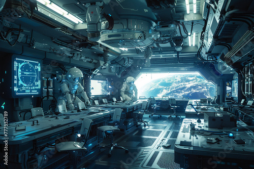 An ultra-modern classroom in a space station, with children from different planets learning about the galaxyhyper realistic, low noise, low texture, futuristic style photo