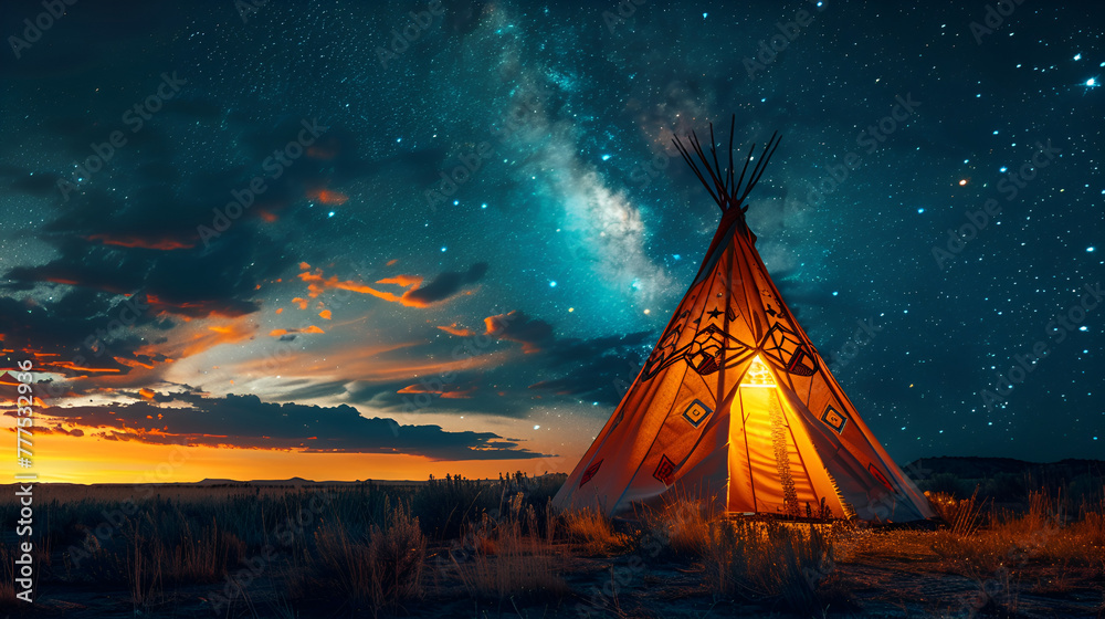 full sized in frame big native american tipi with brown Indian patterns on them, night, one side is bright with warm light, another side is darker with bluish light, Generative Ai - obrazy, fototapety, plakaty 