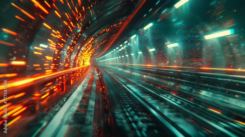 A train tunnel with bright lights and orange sparks. The tunnel is long and narrow, and the lights are scattered throughout the tunnel. Scene is energetic and exciting