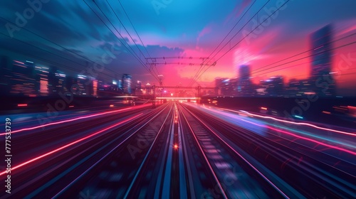 A train is traveling down a track with a city in the background. The train is surrounded by a bright, colorful glow, giving the impression of a futuristic cityscape
