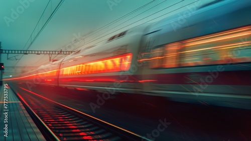 A train is moving down the tracks with a red glow. The train is long and has a bright red stripe