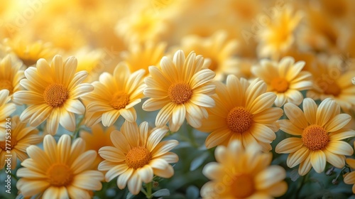   A field of yellow daisies with sun rays streaming through their centers