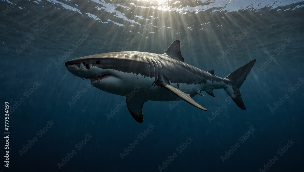Fototapeta premium A great white shark swimming in the ocean