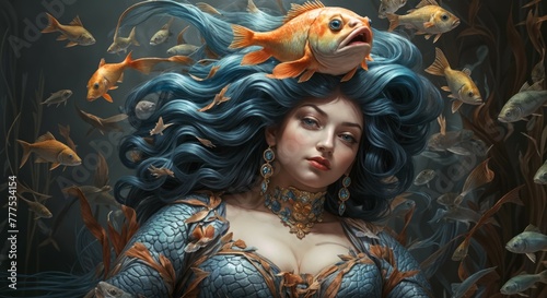 Surreal portrait of a mermaid with fish