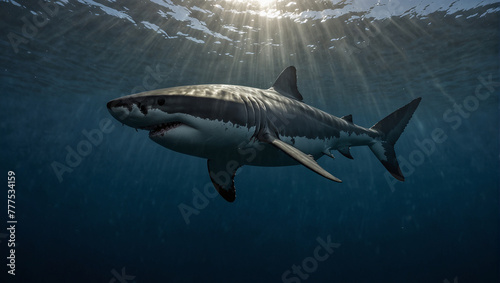 A great white shark swimming in the ocean photo