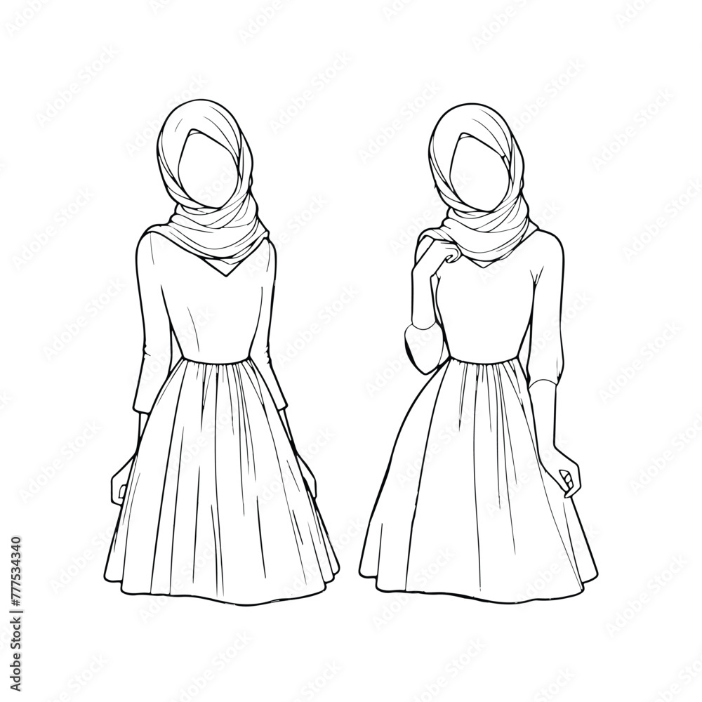 set of muslim  arabic woman in hijab scarf vector portrait,sketch, symbol, coloring book, coloring  page
