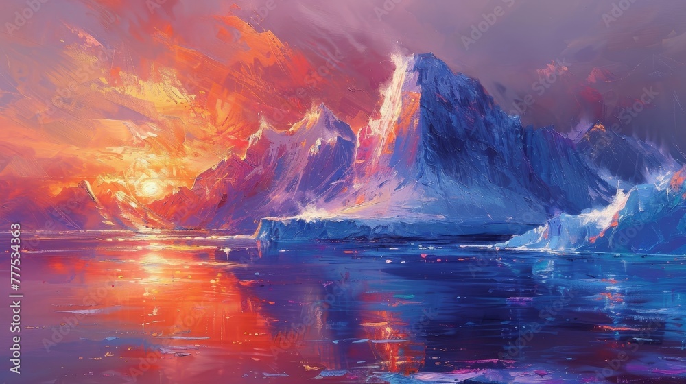 A painting of a sunset over a mountain range with a large body of water in the foreground. The sky is filled with vibrant colors, and the mountains are covered in snow A painting of a sunset over a mountain range with a large body of water in the foreground. The sky is filled with vibrant colors, and the mountains are covered in snow