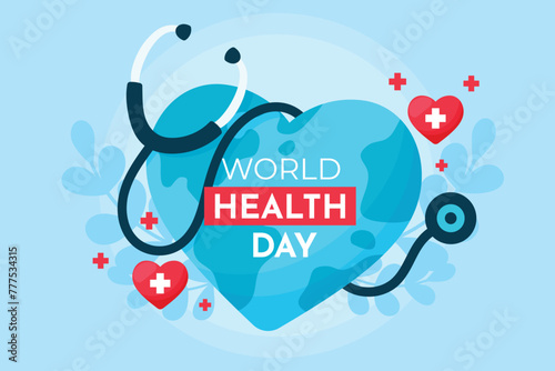 World health day concept, 7 April, background vector. Hand drawn comic doodle style of earth, heart, stethoscope. Design for web, banner, campaign, social media post.