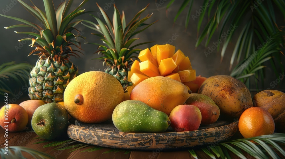 A colorful array of fresh tropical fruits,