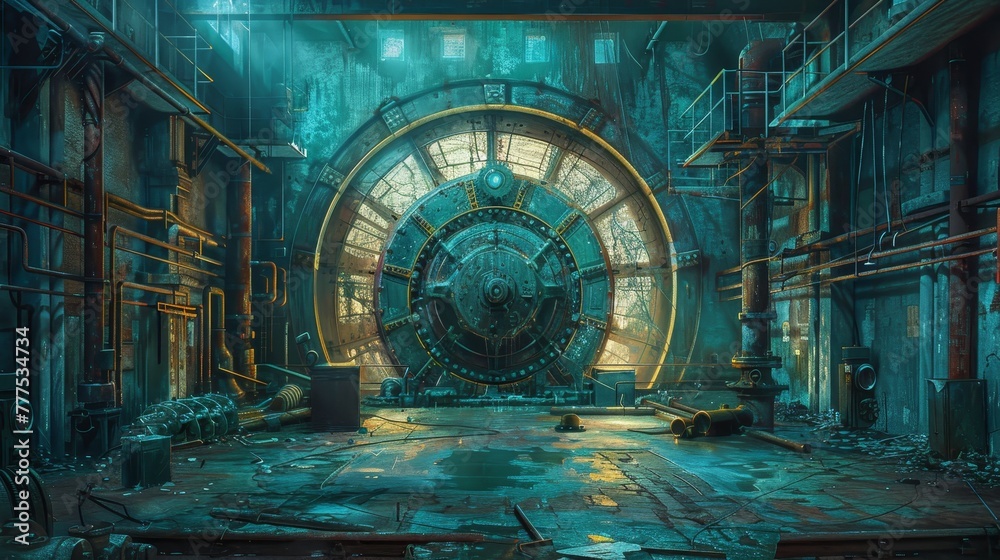 Fototapeta premium A large clock is in the center of a room with a lot of pipes and wires. The room is dark and dirty, giving off a creepy and eerie vibe