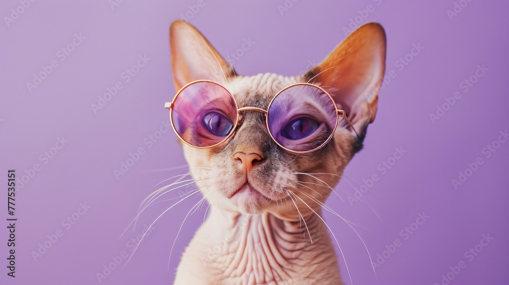 Sphinx cat in trendy sunglasses mystery against a deep purple canvas